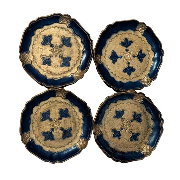 Italian Florentine Blue Gold Resin Coasters Trinket Dishes Set Of 4 4-Inch Round - Picture 2 of 16